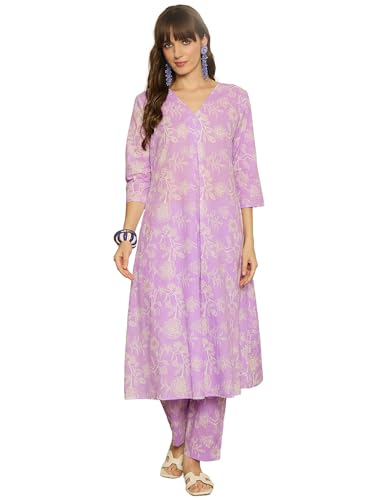 Image of INDO ERA Women Co Ord Set For Women Stylish | Pure Cotton Printed A-Line Kurta with Pant | Ethnic Wear for Women | Indian Casual Office Daily Summer Outfit, IESTR11879L | XS, S, M, L, XL, XXL | Purple