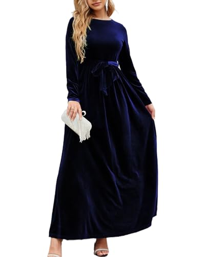 Women's Elegant Velvet Belted Pleated Long Sleeve Cocktail Party Formal Wedding Guest A-Line Maxi Long Dress