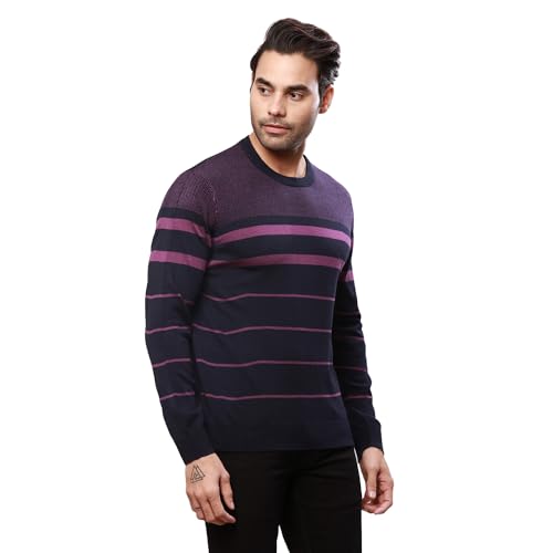 Image of Raymond Men's Regular Fit Acrylic Wool Blend Full Sleeve Round Neck Stripe Pattern Dark Violet Casual Sweater