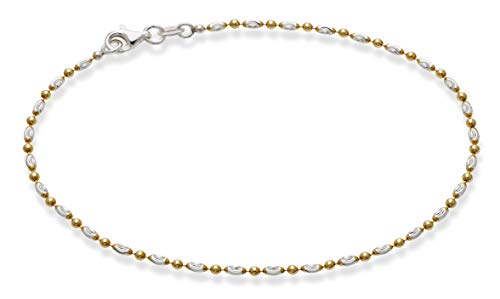 Miabella 925 Sterling Silver Diamond-Cut Oval and Round Bead Ball Chain Anklet Ankle Bracelet for Women, Made in Italy (yellow-gold-plated-silver, Length 9 Inches)