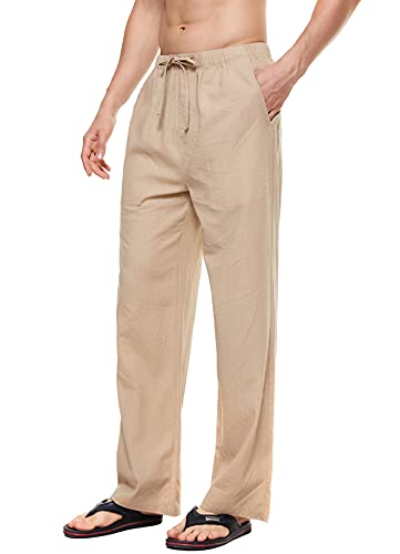 Yukaichen Men's Linen Yoga Pants Sweatpants Beach Trousers Soft Casual Pants Light Khaki X-Large #TOP1