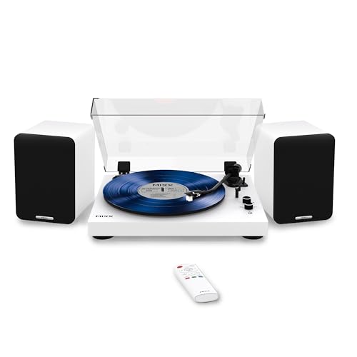 Mixx Analog System 5 Hi-Fi Vinyl Record Player Bundle | 50W RMS Wireless Speakers | Built-in Bluetooth Turntable | RCA, Optical & Bluetooth Connectivity | AT-3600L- Cartridge | Black/White