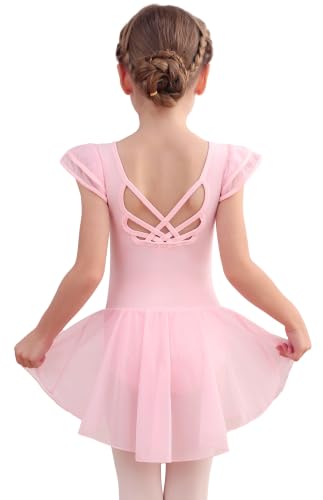 MdnMd Girls Dance Dress Ballet Leotards Dresses for Toddler Ballerina Outfit Skirt Hollow Knot Back Flutter Sleeve Dress (Ballet Pink 4-6 Years)