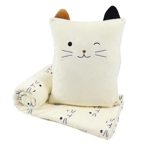VigorSpring 3-in-1 Cat Travel Blanket and Pillow Set for Kids, Soft Snuggle Pillow with Hand Warmer, 40x60 Inch Cute Cat Blanket, Compact for Travel,...