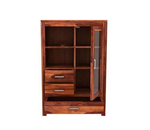 Image of Wood Book Shelf for Home Library || Wooden Book Shelf Cabinet with Glass and Drawer Storage || Crockery Cabinet for Kitchen || Shelf with Door (Honey Finish)