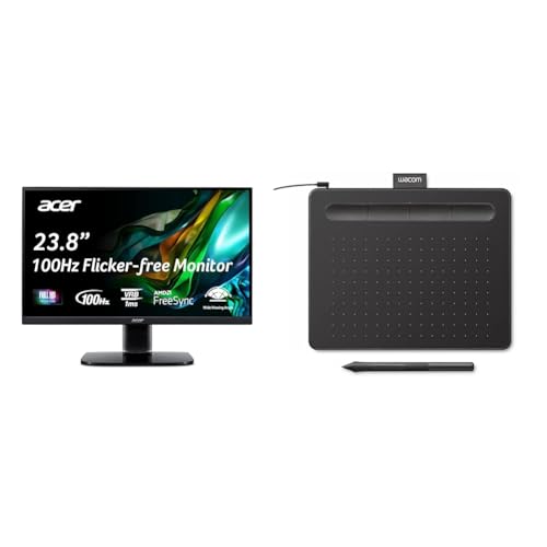 Image of Acer KC242Y Hbi 23.8 inch Full HD Zero-Frame Gaming Office Monitor | AMD FreeSync Technology | 100Hz | 1ms | Low Blue Light | Tilt | HDMI & VGA Ports & Wacom Intuos Small Graphics Drawing Tablet