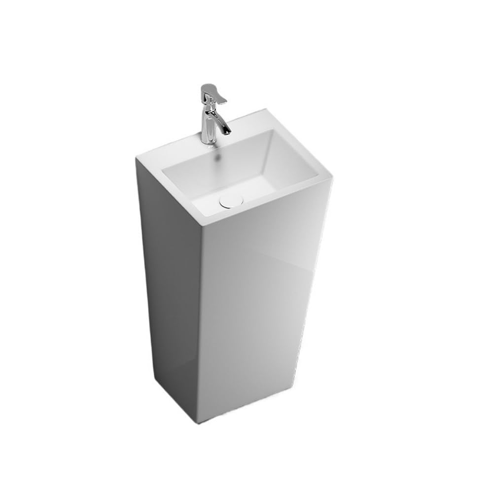 Free-Standing One Piece Pedestal Sink with Silver Faucet and Drain Kit White Porcelain Circular Basin for Bathroom Lavatory Column