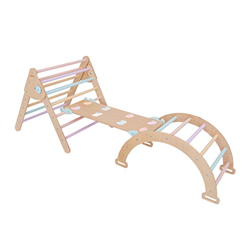 Woodandhearts Lot de 3 rampes triangulaires pour Enfants avec rochers - Toboggan Montessori pour échelle d'escalade - Arche d'apprentissage Waldorf (Bois Naturel + Pastel - Grande Taille) Cover