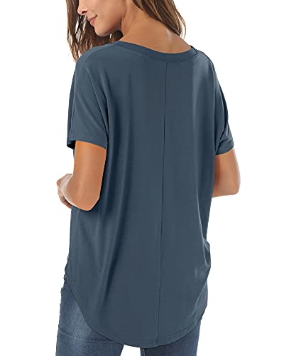 Image of Women's Casual Tshirt Wide Neck Short Sleeve Well Made Hi Low Loose Fit Shirts with Side Slit Dusty Blue XX-Large