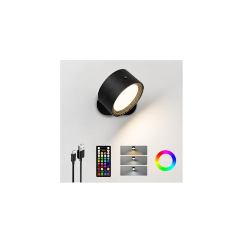Image of Wall Mounted Lights, Rechargeable RGB Color Changing Light, 3 Color Temps & Remote and Touch, 360Rotation Dimmable Cordless for Study Bedroom Reading Bedside (Black)