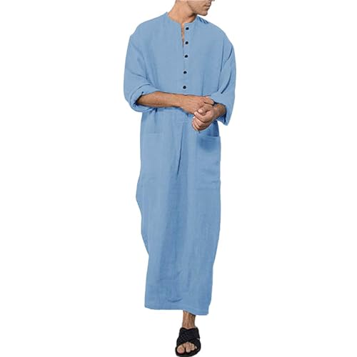 Men's Kaftan Thobe Linen Long Sleeve Solid Muslim Robe Button Up Side Split Kaftan Thobe with Pockets2
