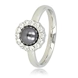 My Bendel - Ring Silber mit schwarzer Perle und Zirkoniasteinen- Stylischer Ring für Damen mit Perlen und Zirkoniasteinen - Bleibt schön und Verfärbt nicht - Stapeln Ringe