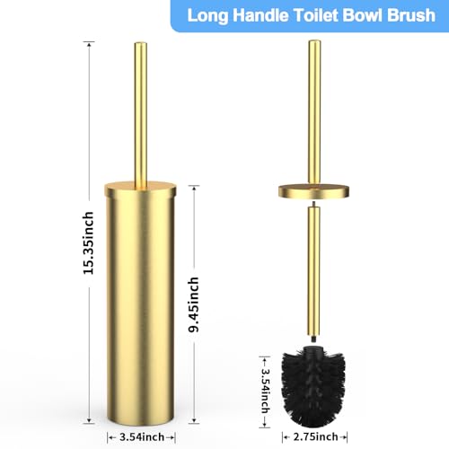 Image of Stainless Steel Toilet Brush and Holder Set Brushed Silver Heavy Duty Toilet Bowl Brush with Long Handle for Bathroom and Farmhouse (Gold)