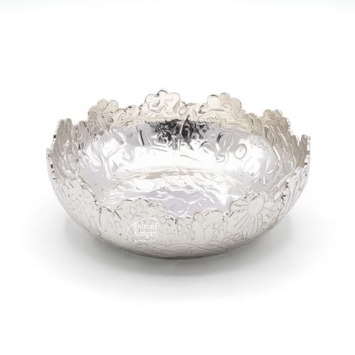 Image of Handcrafted German Silver Urli Bowl | 5.5 Inch Decorative Floating Flower Bowl | Embossed Floral & Grape Vine Design | Home Decor, Pooja, Serving