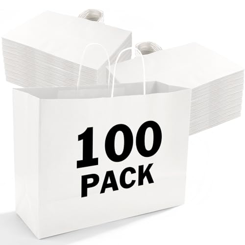 XPCARE 100Pcs 16x6x12 Inches Large Paper Bags with Handles Kraft Paper Bag Gift Bags with Handles Shopping White Paper Bag for Business Merchandise Wedding Party Favors