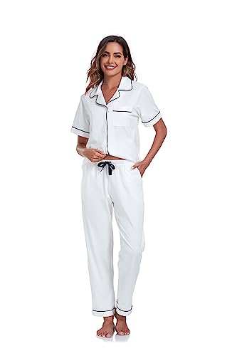 Image of COLORFULLEAF Women's 100% Cotton Pajamas Set Button Down Sleepwear Short Sleeve Shirt and Long Pants Soft Ladies Lounge Sets