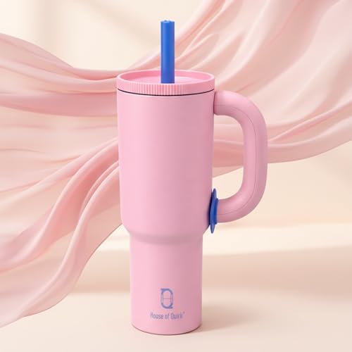 Image of House of Quirk 1200ml Stainless Steel Tumbler with Handle, Straw & Straw Cap | Leakproof Water Bottle | Large Capacity Travel Mug (Blossom Pink)