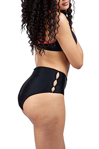 Period Swimwear - Black Menstrual Leakproof Bikini Bottom - Slotted High Waisted Swim Bottoms for Teens, Girls, Women