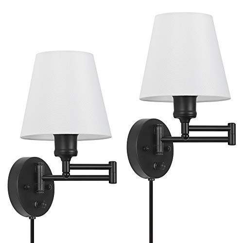 Plug in Wall Sconce Set of 2, Swing Arm Wall Light Fixtures with White Fabric Lampshade, Modern Reading Wall Lights for Bedroom Hallway Living Room