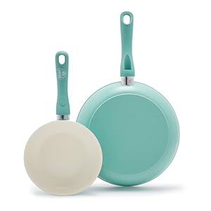 GreenLife Soft Grip Healthy Ceramic Nonstick 7″ and 10″ Frying Pan Set, Non Toxic PFAS & PFOA-Free, Dishwasher Safe, Egg Omelet Skillet, Cookware for Easy Cooking, Kitchen Essentials, Turquoise