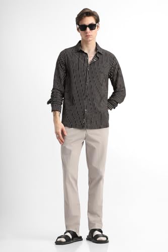 Image of SNITCH Men Casual Plus Size Shirt | Regular Fit Full Sleeve Mandarin Collar Striped Design | Premium Cotton Linen Blend & Breathable Fabric for Office & Everyday Wear