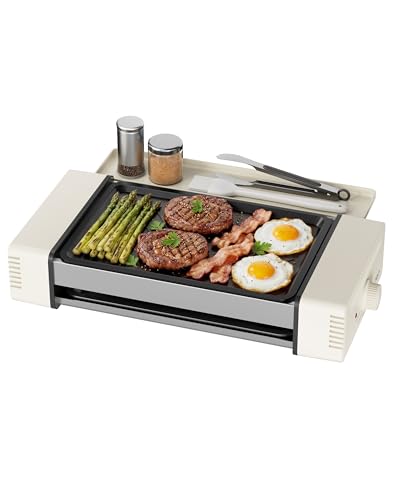 HBN Indoor Grill and Electric Griddle, 3-in-1 Smokeless Indoor Grill with Grill Rack & Nonstick Griddle & Sausage Grill Korean BBQ grill for Kitchen, Dishwasher Safe, 400F (Beige)