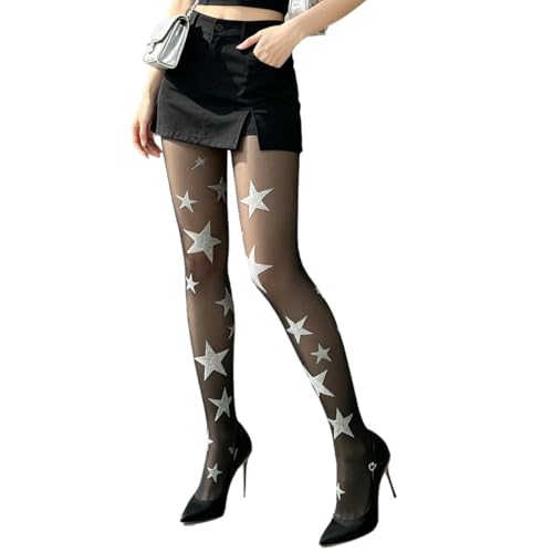 Nanmuir Women's Black Sheer Tights with Silver Glitter Star Print, Sheer Stockings, Fashionable Patterned Pantyhose (Black Stars)