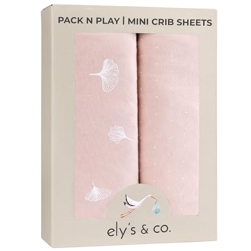 Image of Ely’s & Co. Pack and Play Sheets, for Mini/Portable Crib, 2 Pack Fitted Playpen Play Yard Sheet Set Compatible with Graco Pack n Play, for Baby Girls, 100% Cotton, Pink Gingko Collection, 38”x24”x5”