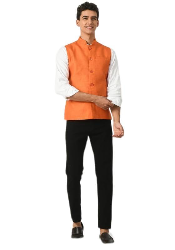 Men Solid Cotton Blended Nehru Jacket/Modi Waistcoat (Orange,Single)-image-21