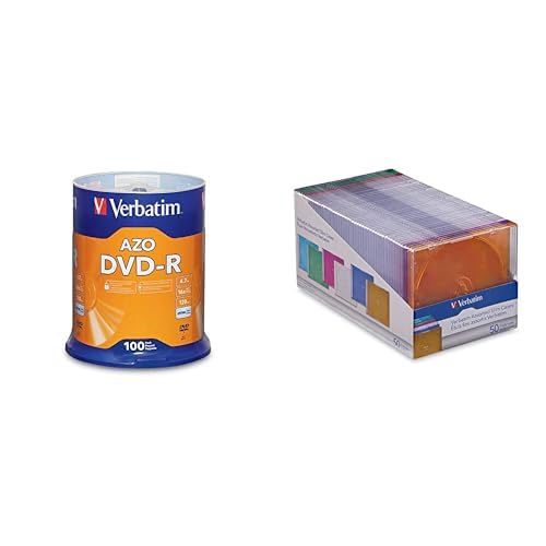 Verbatim DVD-R AZO Dye 4.7GB 16X100 Discs Spindle Frustration Free Packaging + 50 Slim Storage Cases Assorted Colors – Data &amp; Music Recording Bundle