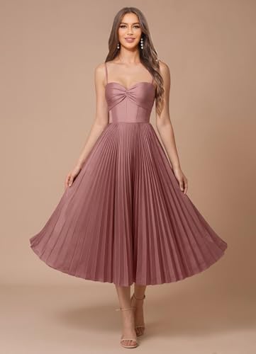 Satin Bridesmaid Dresses Spaghetti Straps Tea Length Pleated Formal Dresses for Women2