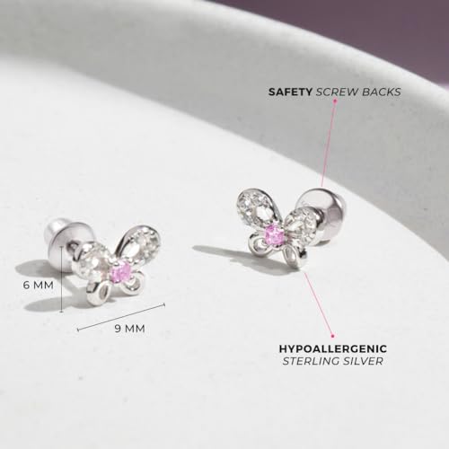 925 Sterling Silver Butterfly Safety Screw Back Earrings For Toddlers and Little Girls - Dazzling Pink and Clear Cubic Zirconia Stone Earrings - Butterfly Shaped Girl Earrings4
