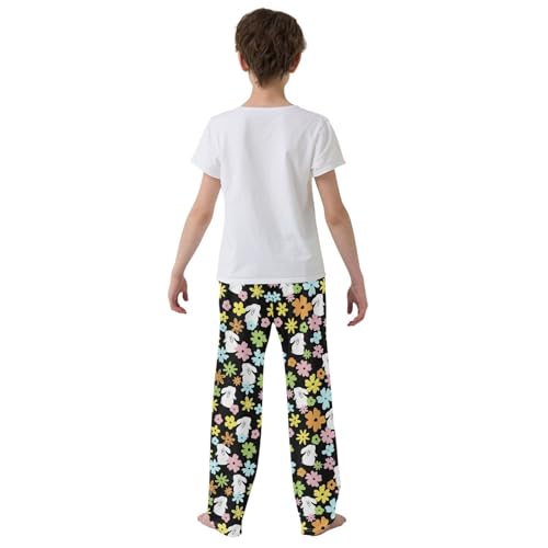ZZXXB Bunny Colorful Flowers Boys Long Pants Soft Trousers Elastic Waist Kids Lounge Bottoms with Pockets S-XL3