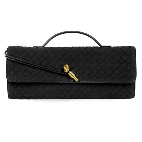Gewebte Geldbörse für Damen, Abendtasche, Clutch, gewebtes Leder, Umhängetasche, formelle Abendtasche, Schwarzes gewebtes Wildleder