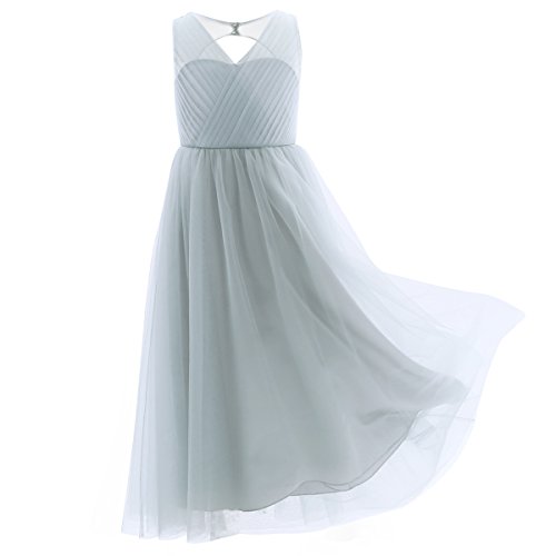 ranrann Kids Chiffon Flower Girls Dress Cutout Back Floor Length Maxi Dress Bridesmaid Wedding Pageant Ball Gown Gray 14