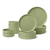 Amazon Basics Vajilla de Gres Esmaltado, Juego de 18 Piezas, 6 Servicios Completos, Apta para Lavavajillas, Oliva