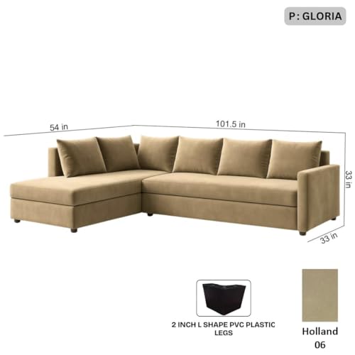 Image of FURNY Georgia 6 Seater Fabric LHS L Shape Sofa Set (Beige) - Premium Velvet Finish - Durable Comfort - Ideal for Living Room