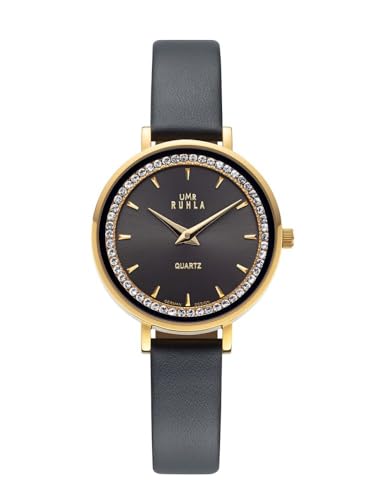 RUHLA Quarz-Damenuhr - dunkelgraues Zifferblatt mit Edelstein-Akzenten - Eleganz im Detail - GL22 Quarzwerk - goldfarbenes Edelstahlgehäuse Ø 32mm - dunkelgrauen Lederarmband – Made in Germany