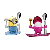 WMF Minions Eierbecher mit Löffel, Kunststoff, ab 3 Jahren, Cromargan Edelstahl poliert, gelb, blau & McEgg pink Eierbecher aus Kunststoff mit Löffel aus Cromargan Edelstahl rostfrei Höhe 11 cm