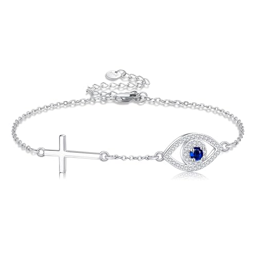 Evil Eye Bracelet 925 Sterling Silver Cross Bracelet Blue Evil Eyes Link Bracelet for Women