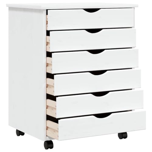 Meuble pin massif blanc gain de place à 6 tiroirs sur roulettes
