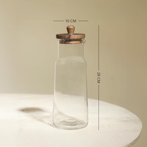 Image of Ellementry Glass Carafe with Wooden Lid - 1L, Clear Glass Pitcher for Hot & Cold Water, Juice, Coffee, Iced Tea, Milk, Cocktail & Wine, Transparent Beverage Server for Dining Table, Kitchen & Parties