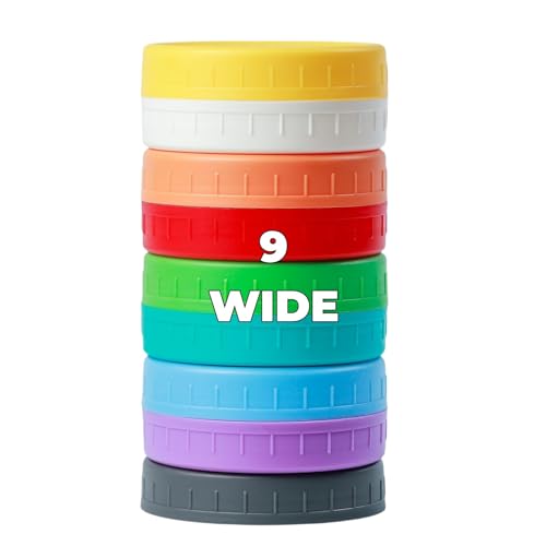 Bedgeta 9 Wide Mouth Mason Jar Lids with Silicone Ring Thickened Leak-proof Lids Fit Ball Kerr and More 9 Color Plastic Lids 86mm Plastic Mason Jar Lids