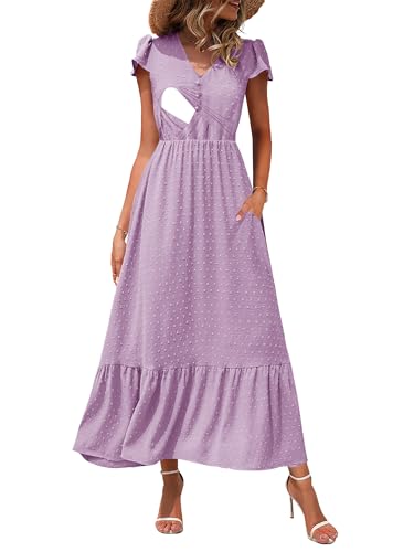 Image of CzzzyL Women Nursing Boho Maxi Dresses Cap Short Sleeve V Neck Swiss Dot High Waisted A-Line Ruffle Tiered with Pockets