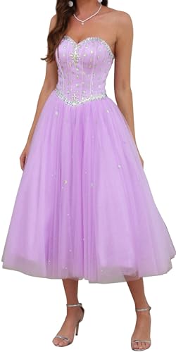 Image of Likedpage Women's Strapless Tea Length Prom Dress, Tulle Ball Gown with Crystal Beading, Corset Back
