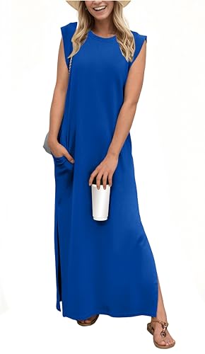 Image of GRECERELLE 2026 Women Year-Round Casual Round Neck Loose Split Wrinkle-Free Long Maxi Vacation Dress with Pockets (XXS-4XL)