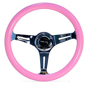 NRG Innovations ST-015CH-PK Classic Wood Grain Wheel (350mm 3 chrome spokes, solid pink painted grip)