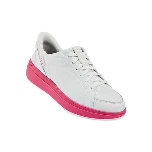 Kizik Womens Shoes: Sydney - Comfortable, Breathable, Casual Slip On Sneakers, Full Grain Tumbled Leather, Hands Free Convenience in a Timeless Style - White/Pink Peacock W8.5