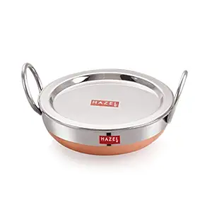 HAZEL Stainless Steel Kadai with Lid | Copper Bottom Utensil, Capacity of 1800 ml I 18 Gauge Vessel, Silver & Copper I Ideal for Daily Use