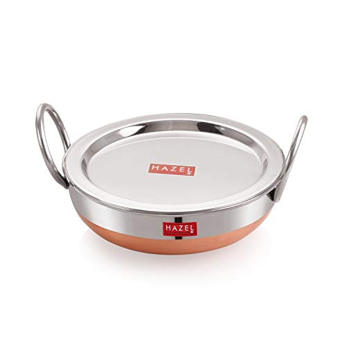 Image of HAZEL Stainless Steel Kadai with Lid | Copper Bottom Utensil, Capacity of 1Ltr I 18 Gauge Vessel, Silver & Copper I Ideal for Daily Use